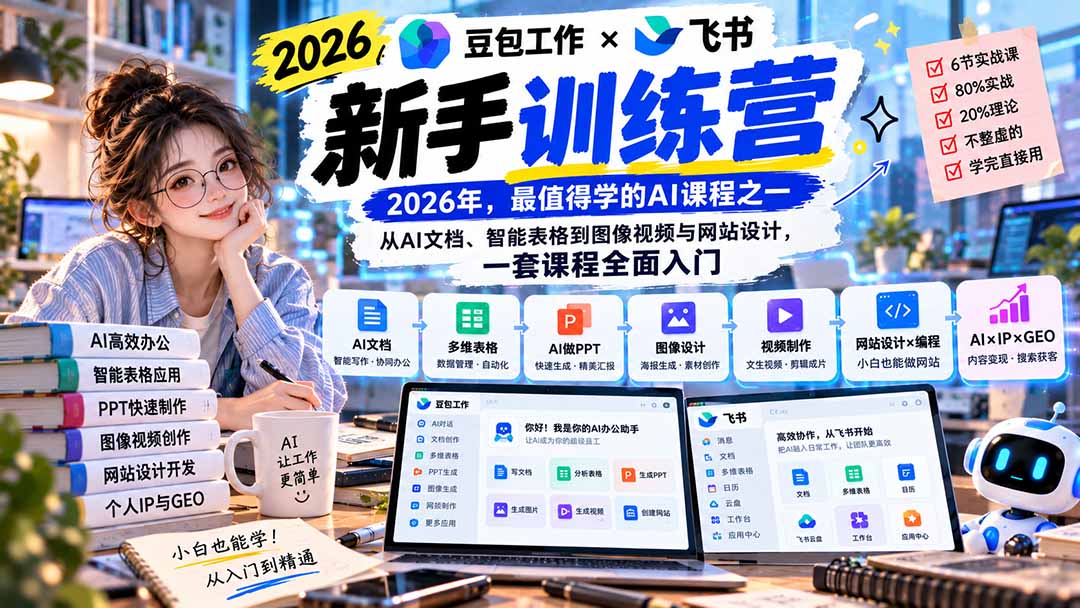 2026豆包工作+飞书新手训练营-9月新课：从AI文档、智能表格到图像视频与网站设计，一套课程全面入门-海之城短剧项目