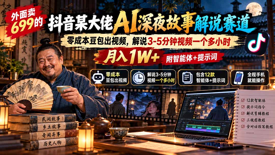 外面卖699的抖音某大佬AI深夜故事解说赛道：零成本豆包出视频，解说3-5分钟视频一个多小时，月入1W+附智能体+提示词-海之城短剧项目