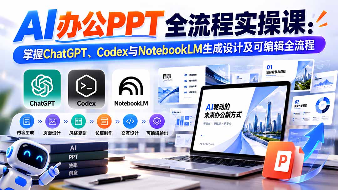 【无水印】AI办公PPT全流程实操课： 掌握ChatGPT、Codex与NotebookLM生成设计及可编辑全流程-海之城短剧项目