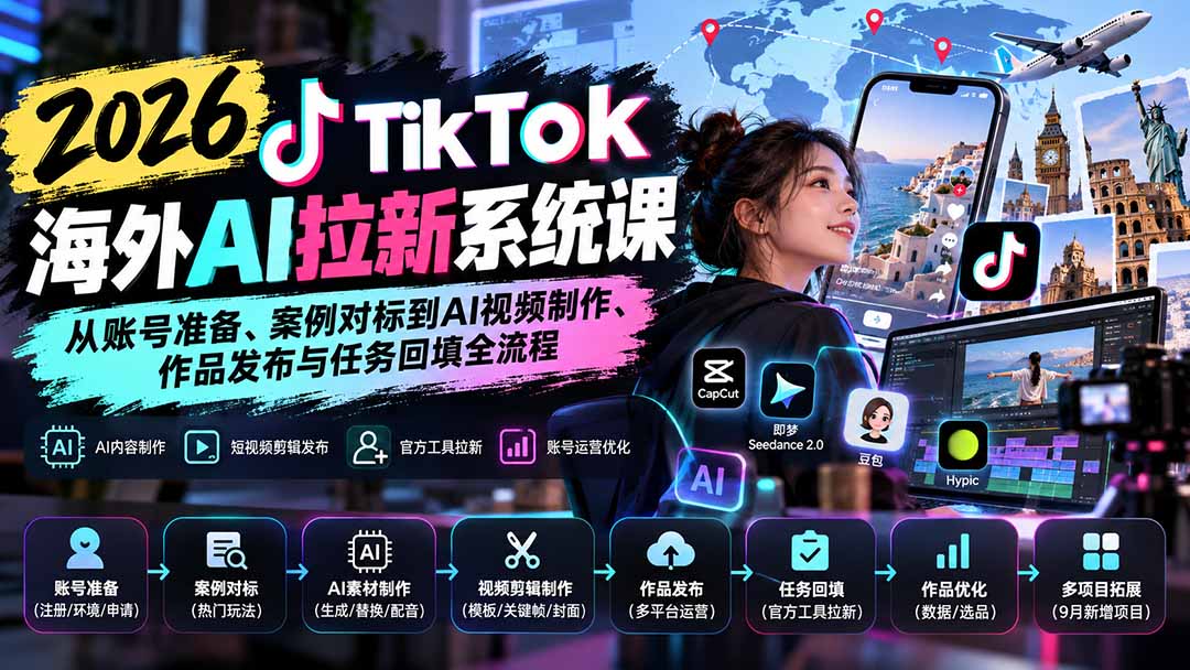 【无水印】2026 TikTok海外AI拉新系统课：从账号准备、案例对标到AI视频制作、作品发布与任务回填全流程-海之城短剧项目