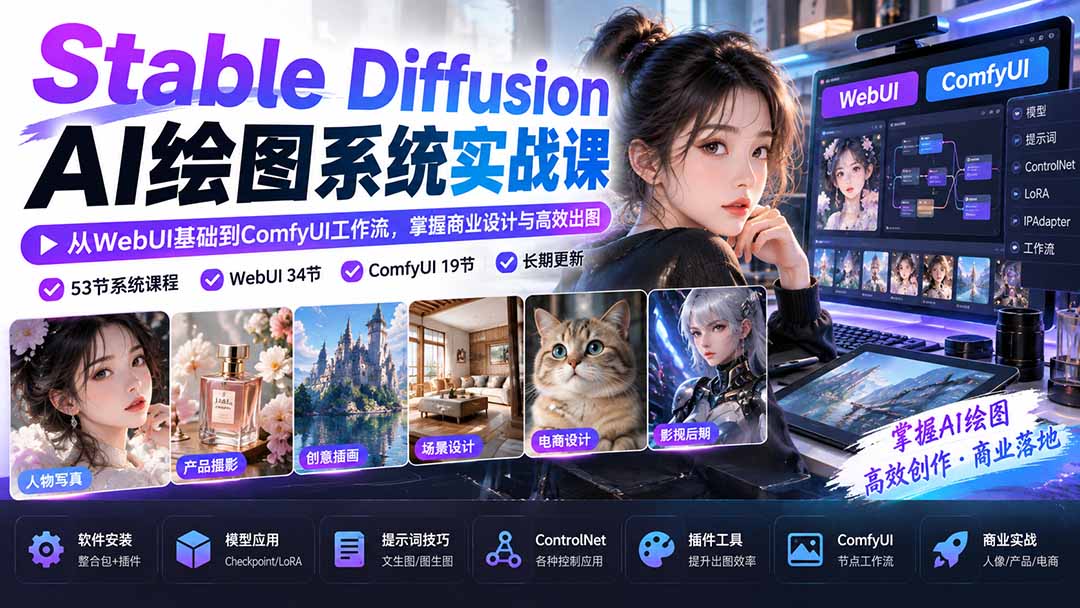 Stable Diffusion AI绘图系统实战课：从WebUI基础到ComfyUI工作流，掌握商业设计与高效出图-海之城短剧项目