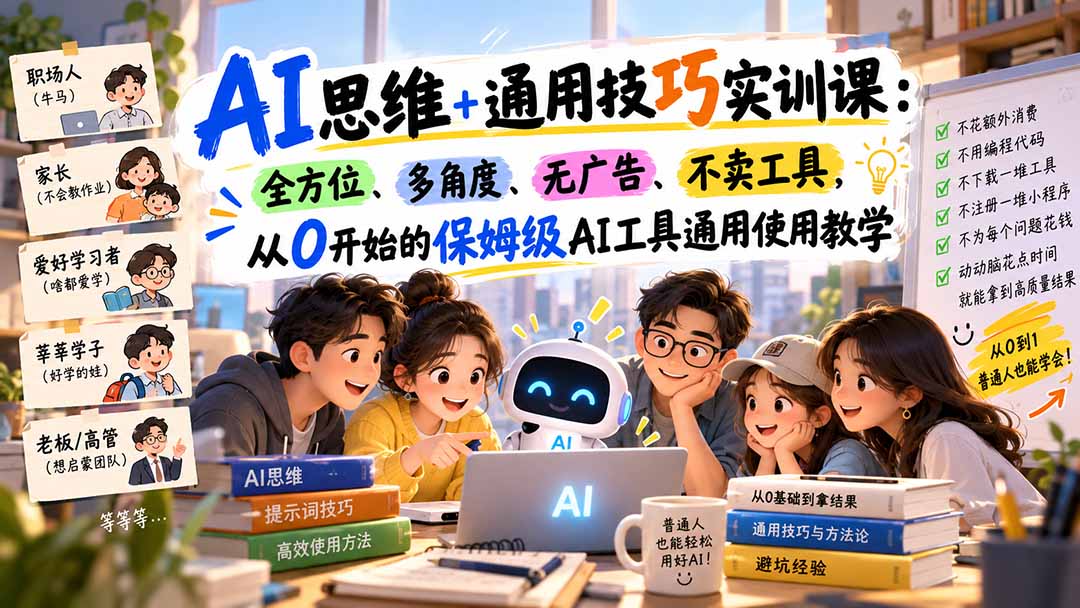AI思维+通用技巧实训课：全方位、多角度、无广告、不卖工具，从0开始的保姆级AI工具通用使用教学-海之城短剧项目