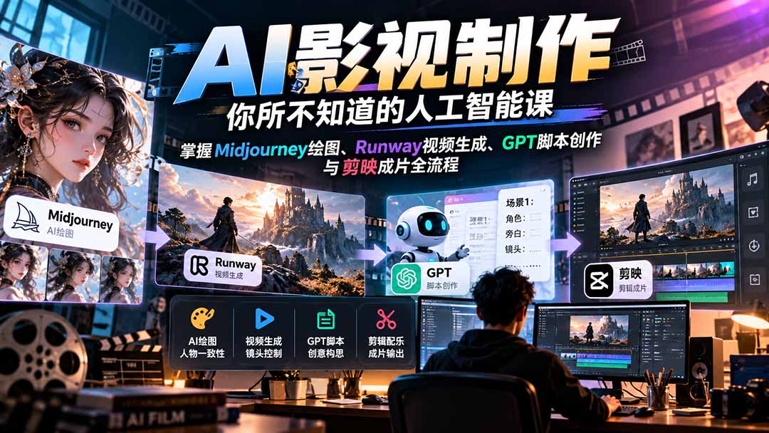 AI影视制作-你所不知道的人工智能课，掌握Midjourney绘图、Runway视频生成、GPT脚本创作与剪映成片全流程-海之城短剧项目