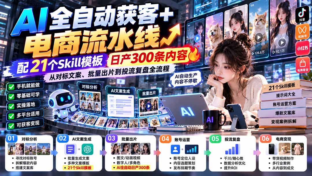 【无水印】AI全自动获客+电商流水线-更新0928：配21个Skill模板，日产300条内容，从对标文案、批量出片到投流全流程-海之城短剧项目