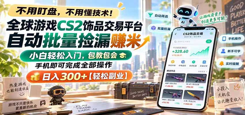 全球游戏CS2饰品交易平台自动批量捡漏赚米，手机即可完成全部操作，日入300+-海之城短剧项目