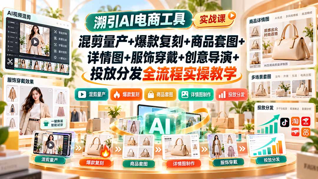 溯引AI电商工具实战课：混剪量产+爆款复刻+商品套图+详情图+服饰穿戴+创意导演+投放分发全流程实操教学-海之城短剧项目