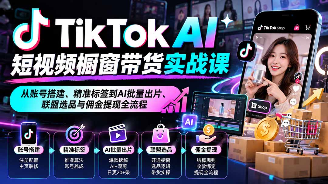 TikTok AI短视频橱窗带货实战课：从账号搭建、精准标签到AI批量出片、联盟选品与佣金提现全流程-海之城短剧项目