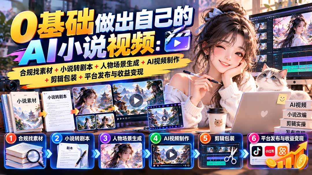 0基础做出自己的AI小说视频：合规找素材+小说转剧本+人物场景生成+AI视频制作+剪辑包装+平台发布与收益变现-海之城短剧项目