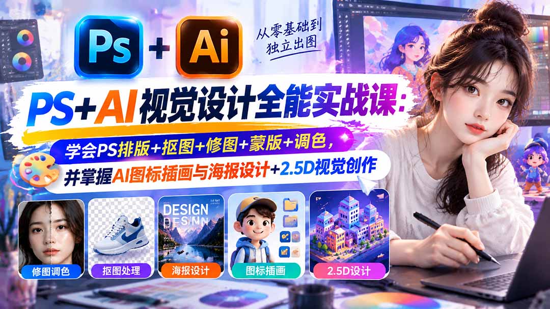 【无水印】PS+AI视觉设计全能实战课：学会PS排版+抠图+修图+蒙版+调色，并掌握AI图标插画与海报设计+2.5D视觉创作-海之城短剧项目