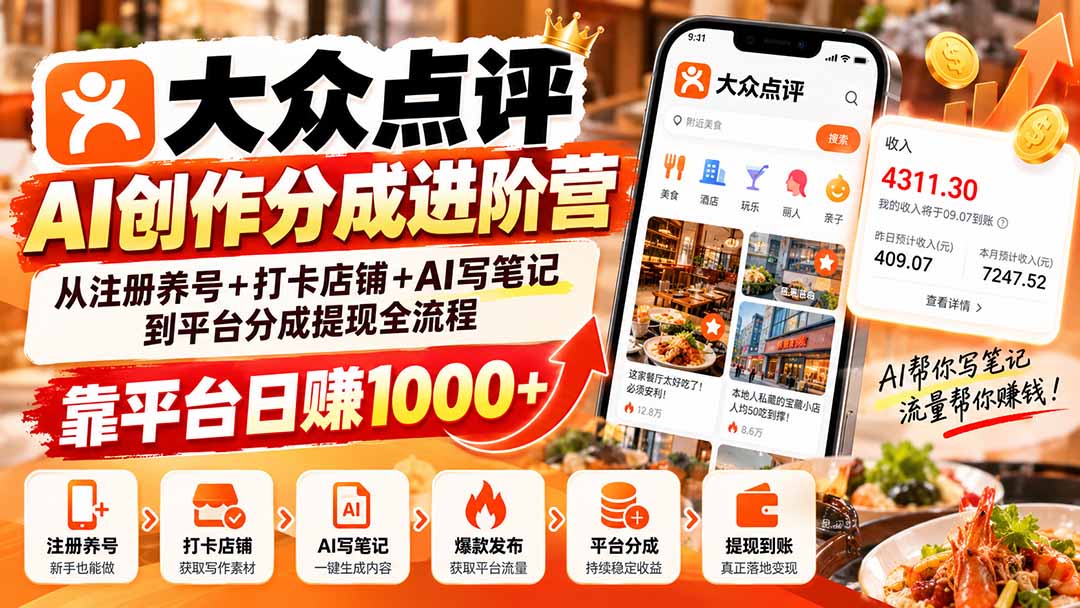 大众点评AI创作分成进阶营：从注册养号+打卡店铺+AI写笔记到平台分成提现全流程，靠平台日赚1000+-海之城短剧项目