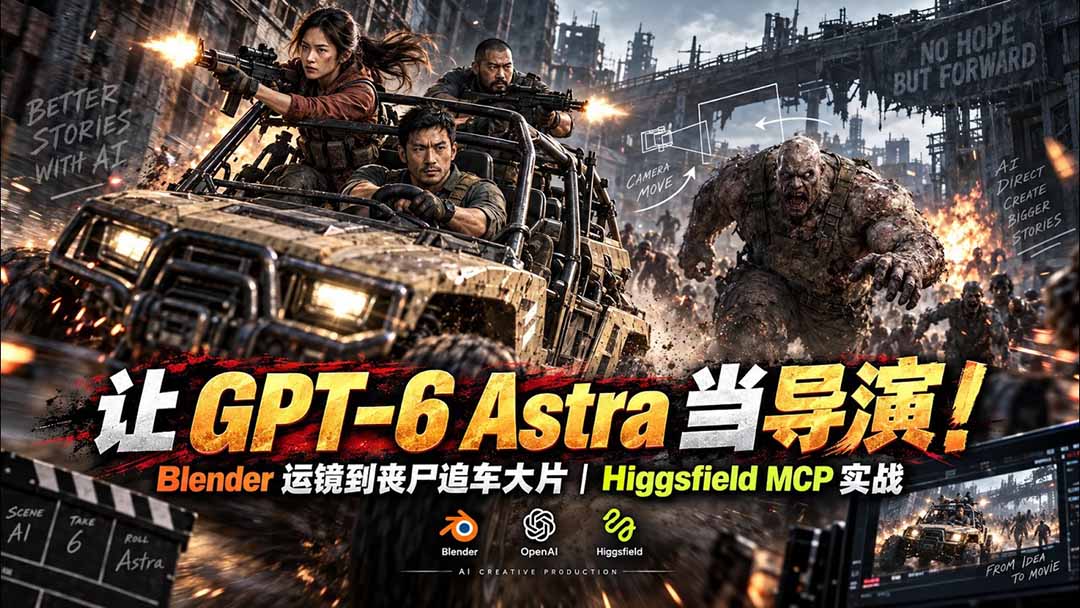 【无水印】让 GPT-6 Astra 当导演！Blender 运镜到丧尸追车大片｜Higgsfield MCP 实战-海之城短剧项目