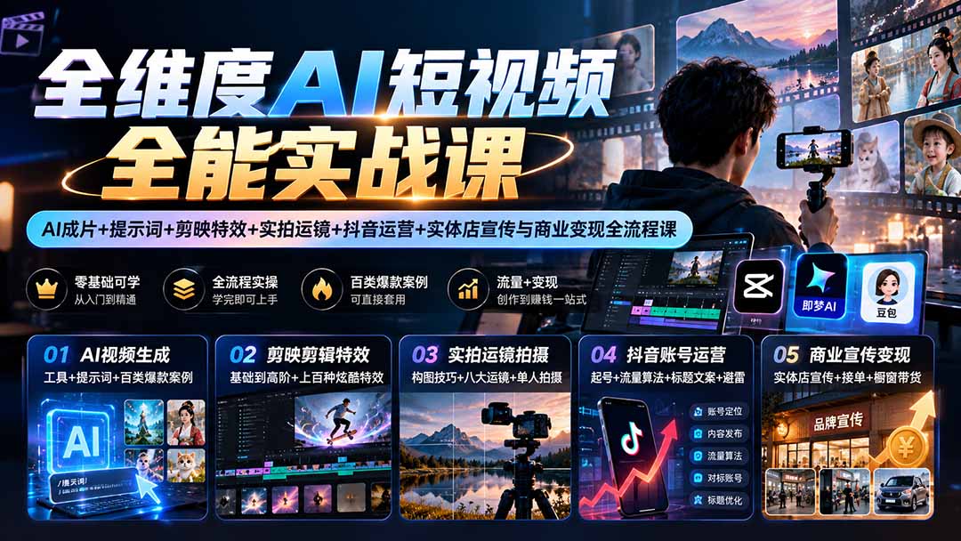 【无水印】全维度AI短视频全能实战课：AI成片+提示词+剪映特效+实拍运镜+抖音运营+实体店宣传与商业变现全流程课-海之城短剧项目