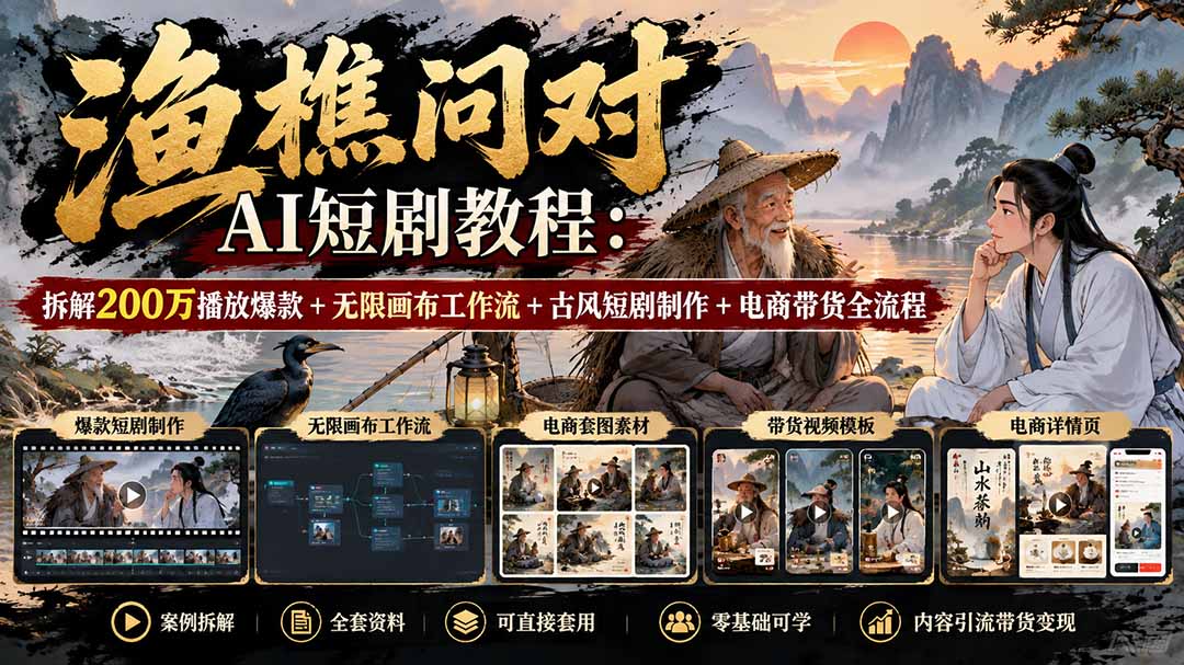 【无水印】渔樵问对AI短剧教程：拆解200万播放爆款+无限画布工作流+古风短剧制作+电商带货全流程-海之城短剧项目