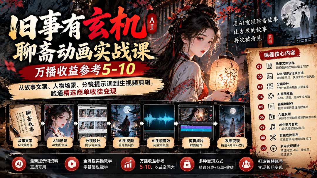 旧事有玄机AI聊斋动画实战9月新课：万播收益参考5-10，从故事文案、人物场景到分镜生视频，跑通精选商单收徒-海之城短剧项目