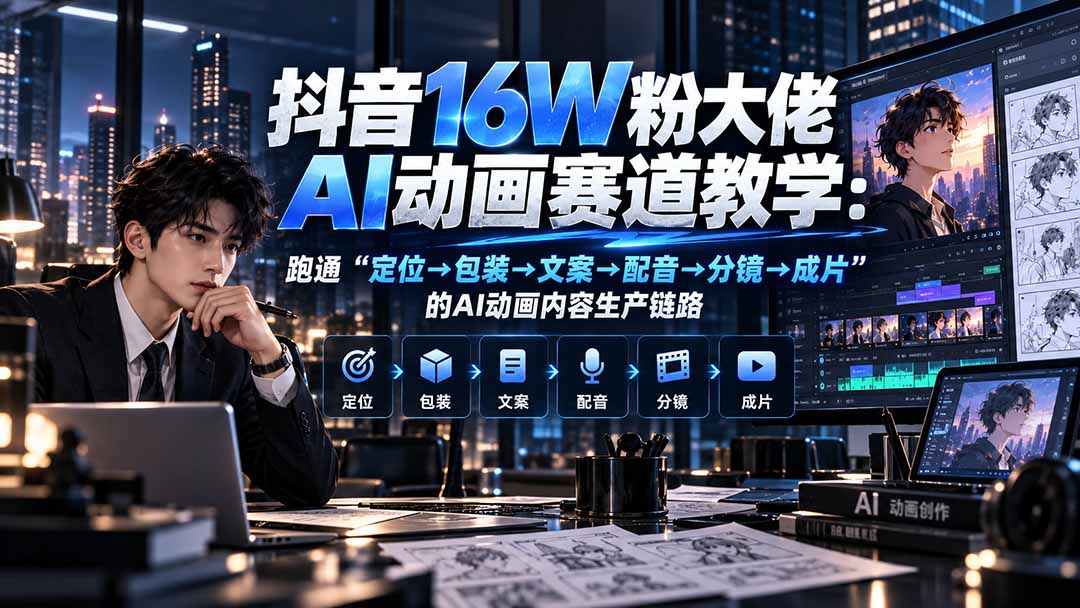 抖音16W粉大佬规则门禁AI动画赛道教学：跑通“定位→包装→文案→配音→分镜→成片”的AI动画内容生产链路-海之城短剧项目
