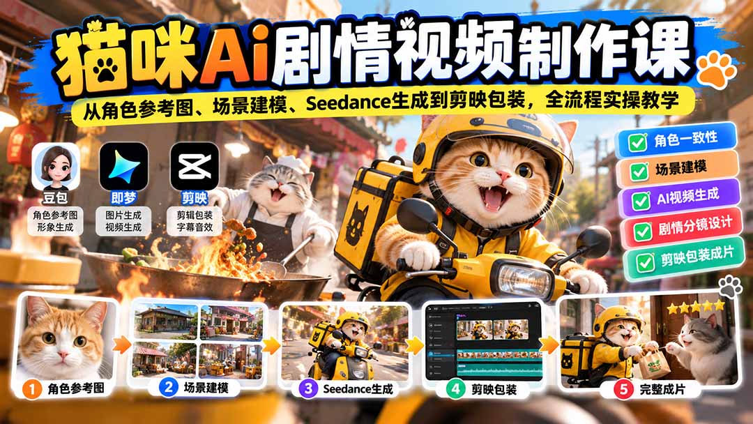 猫咪AI剧情视频制作课：从角色参考图、场景建模、Seedance生成到剪映包装，全流程实操教学-海之城短剧项目