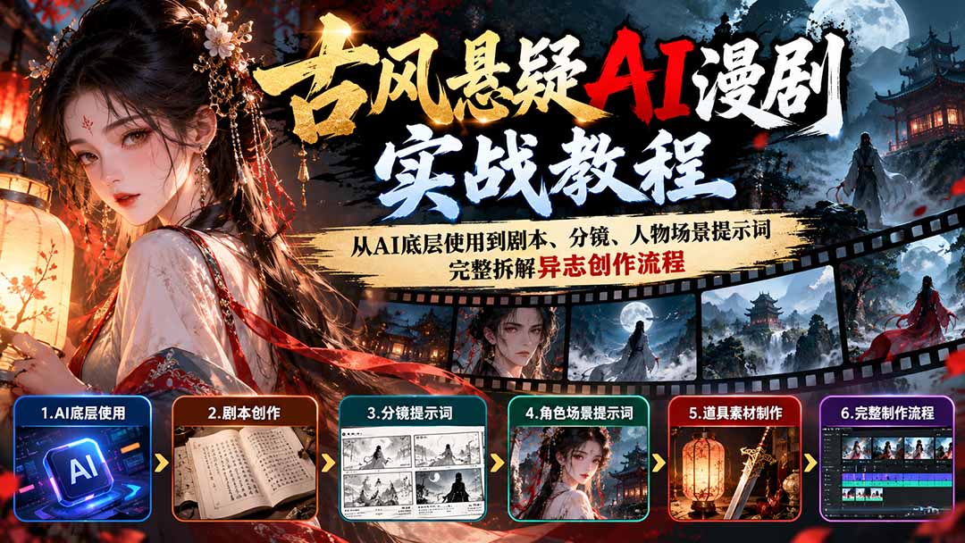 古风悬疑AI漫剧实战教程：从AI底层使用到剧本、分镜、人物场景提示词，完整拆解异志创作流程-海之城短剧项目