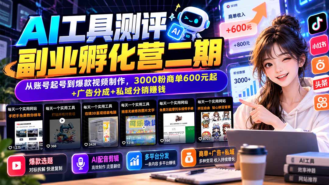 AI工具测评副业孵化营二期：从账号起号到爆款视频制作，3000粉商单600元起+广告分成+私域分销赚钱-海之城短剧项目