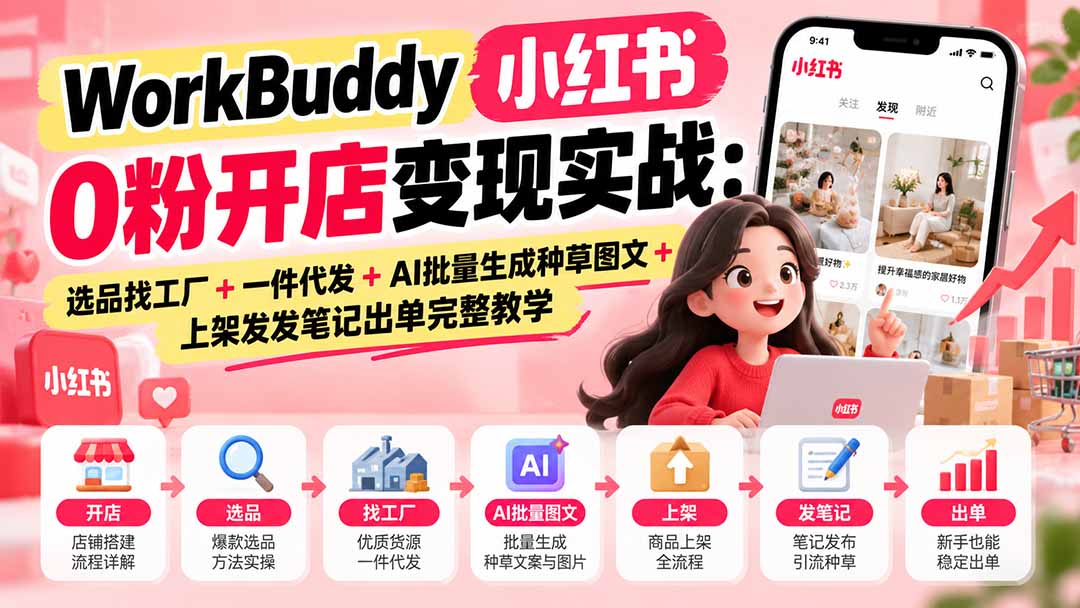 WorkBuddy小红书0粉开店变现实战：选品找工厂+一件代发+AI批量生成种草图文+上架发发笔记出单完整教学-海之城短剧项目