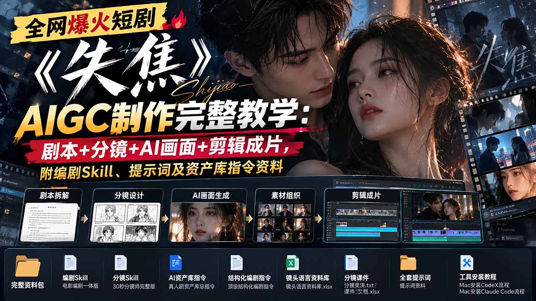 全网爆火短剧《失焦》AIGC制作完整教学：剧本+分镜+AI画面+剪辑成片，附编剧Skill、提示词及资产库指令资料-海之城短剧项目