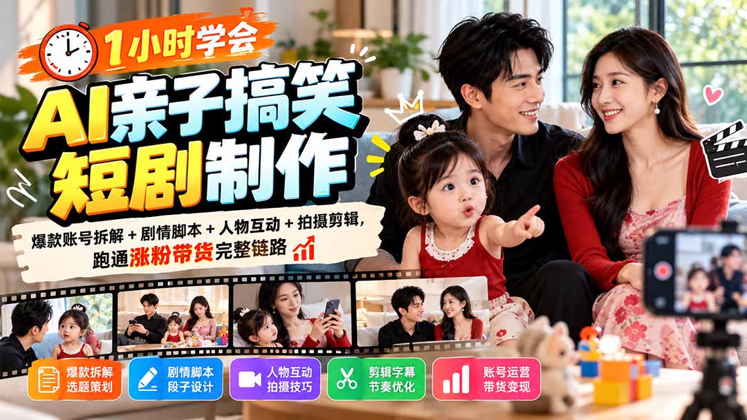 1小时学会AI亲子搞笑短剧制作：爆款账号拆解+剧情脚本+人物互动+拍摄剪辑，跑通涨粉带货完整链路-海之城短剧项目
