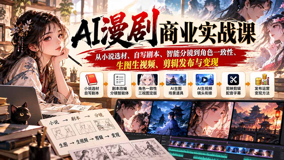 AI漫剧商业实战课：从小说选材、自写剧本、智能分镜到角色一致性、生图生视频、剪辑发布与变现-海之城短剧项目
