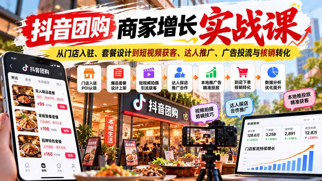 抖音团购商家增长实战课：从门店入驻、套餐设计到短视频获客、达人推广、广告投流与核销转化-海之城短剧项目