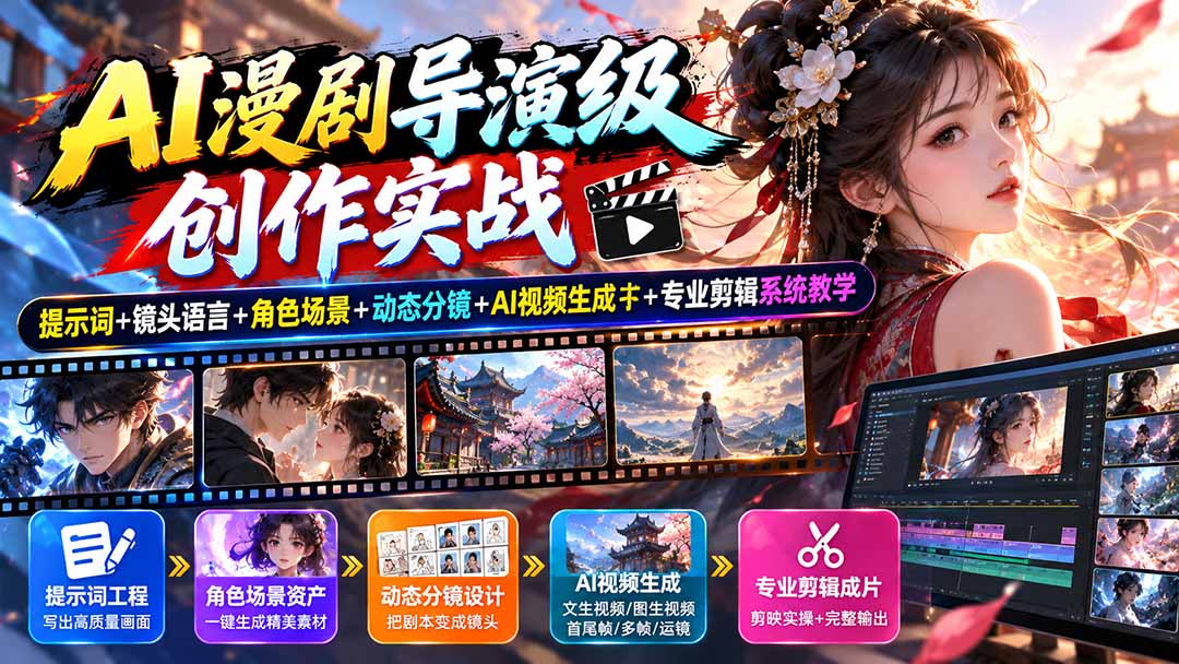 AI漫剧导演级创作实战：提示词+镜头语言+角色场景+动态分镜+AI视频生成+专业剪辑系统教学-海之城短剧项目