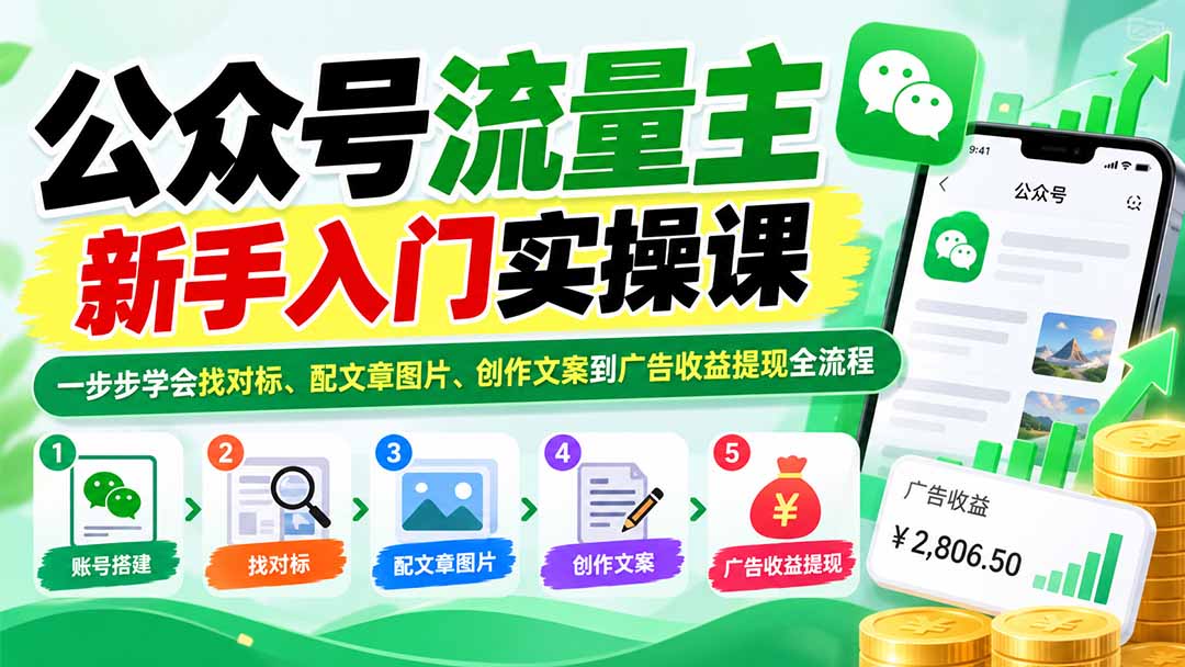 公众号流量主新手入门实操课：一步步学会找对标、配文章图片、创作文案到广告收益提现全流程-海之城短剧项目