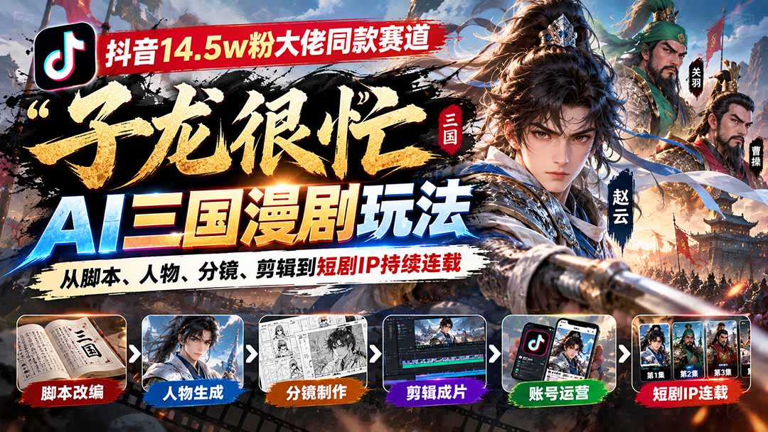 抖音14.5w粉大佬同款赛道「子龙很忙」AI三国漫剧玩法：从脚本、人物、分镜、剪辑到短剧IP持续连载-海之城短剧项目