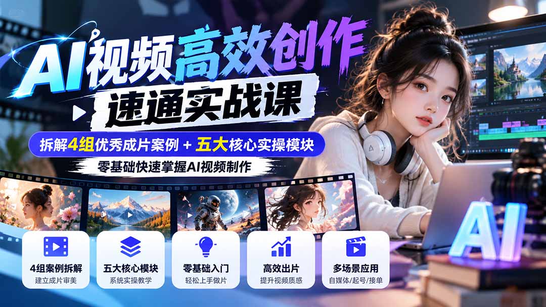 【无水印】AI视频高效创作速通实战课：拆解4组优秀成片案例+五大核心实操模块，零基础快速掌握AI视频制作-海之城短剧项目