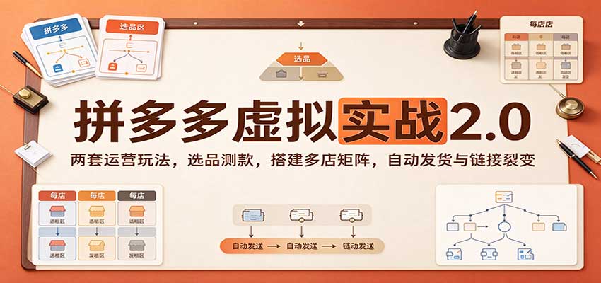 拼多多虚拟实战2.0：两套运营玩法，选品测款，搭建多店矩阵，自动发货与链接裂变-海之城短剧项目