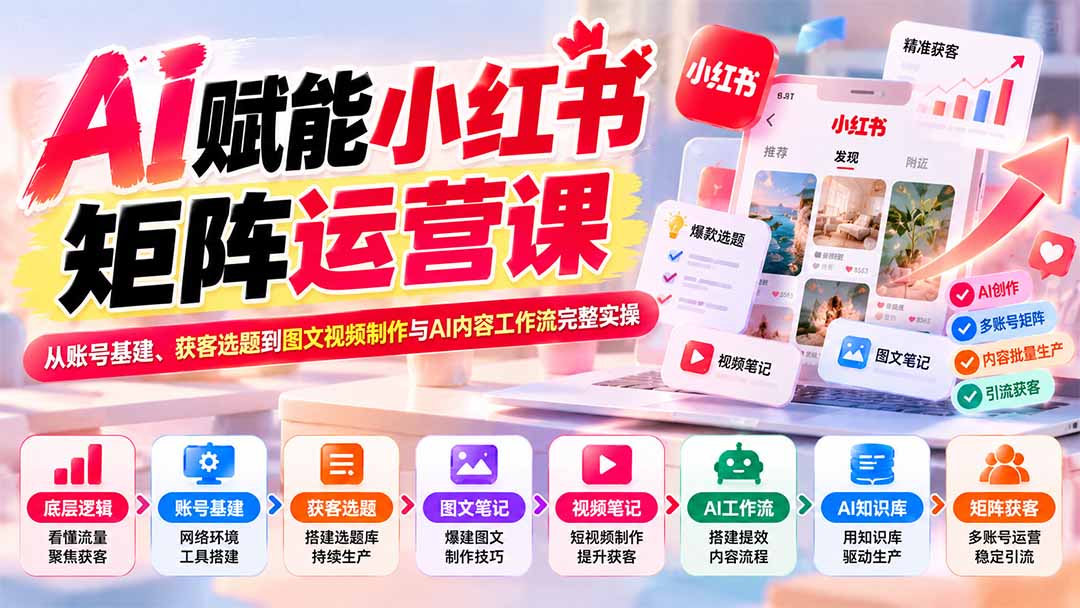 AI赋能小红书矩阵运营课：从账号基建、获客选题到图文视频制作与AI内容工作流完整实操-海之城短剧项目