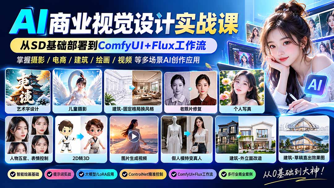 【无水印】AI商业视觉设计实战课：从SD基础部署到ComfyUI+Flux工作流，掌握摄影电商建筑AI创作-海之城短剧项目