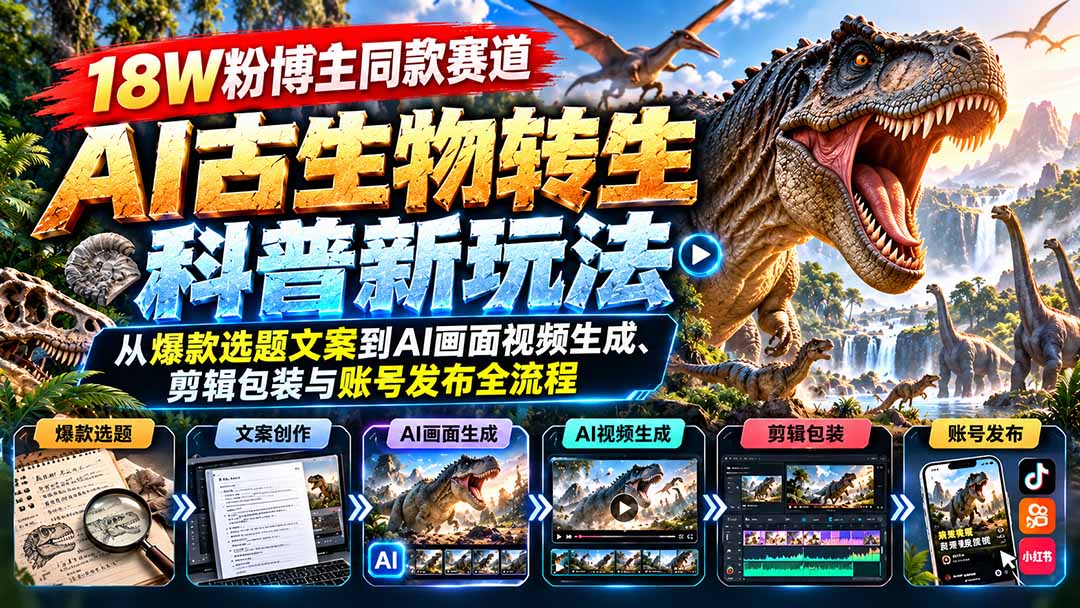 18W粉博主同款赛道-AI古生物转生科普新玩法：从爆款选题文案到AI画面视频生成、剪辑包装与账号发布全流程-海之城短剧项目