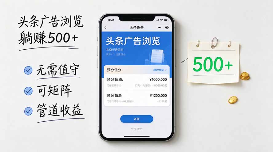 头条广告浏览躺赚500+无需值守，可矩阵并附有管道收益-海之城短剧项目