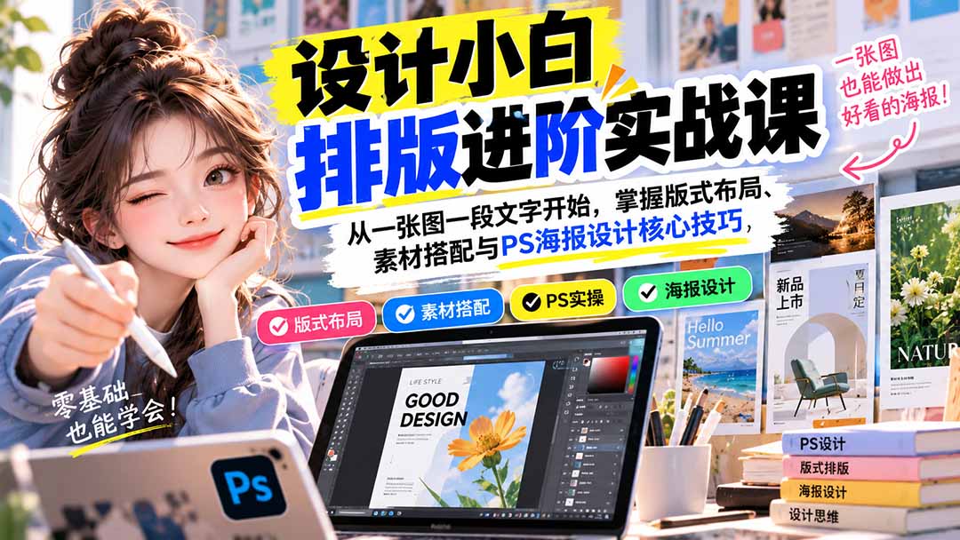 设计小白排版进阶实战课：从一张图一段文字开始，掌握版式布局、素材搭配与PS海报设计核心技巧-海之城短剧项目