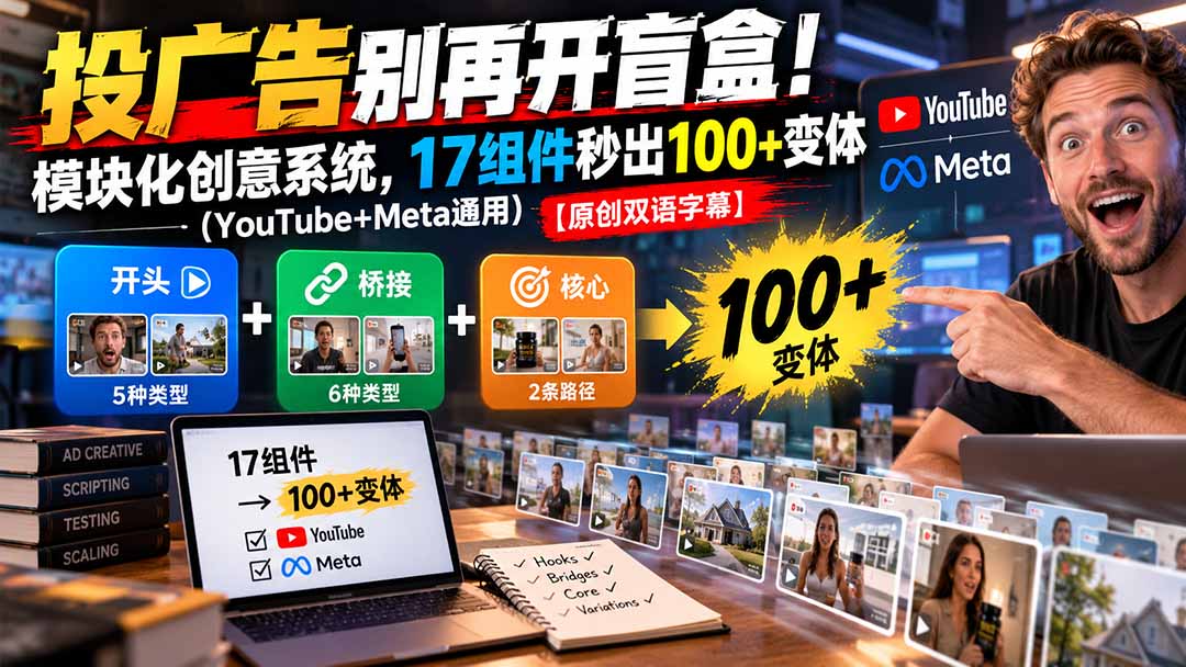 投广告别再开盲盒！模块化创意系统，17组件秒出100+变体（YouTube+Meta通用）【原创双语字幕】-海之城短剧项目