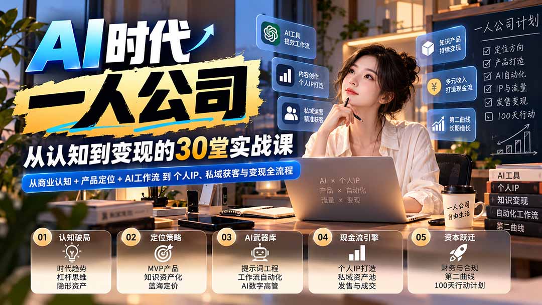 【无水印】AI时代一人公司30堂实战课：从商业认知+产品定位+AI工作流到个人IP、私域获客与变现全流程-海之城短剧项目