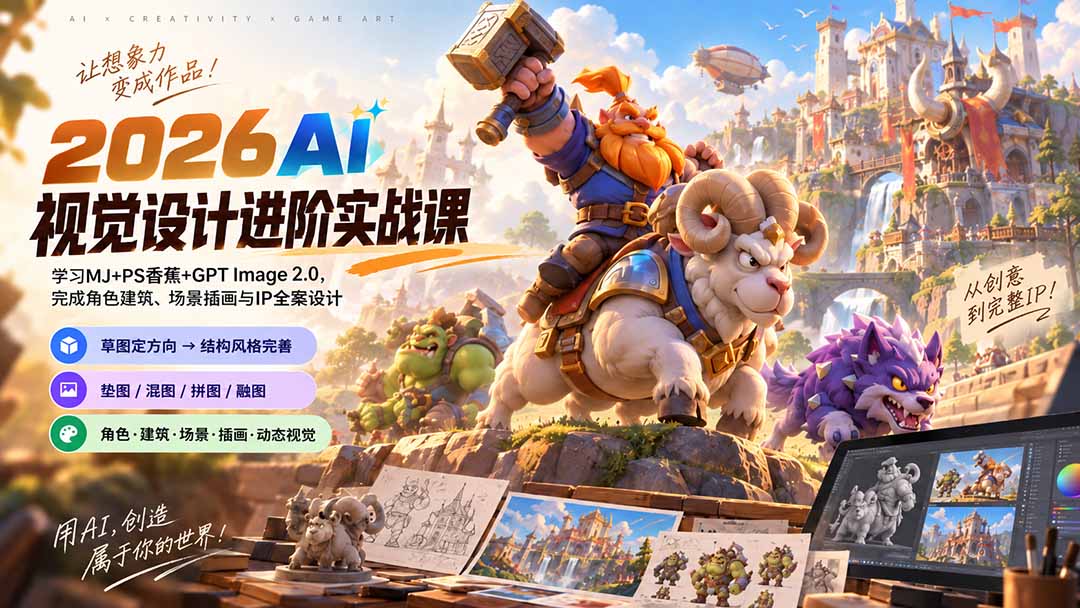 2026AI视觉设计进阶实战课-更新1007：学习MJ+PS香蕉+GPT Image 2.0，完成角色建筑、场景插画与IP全案设计-海之城短剧项目