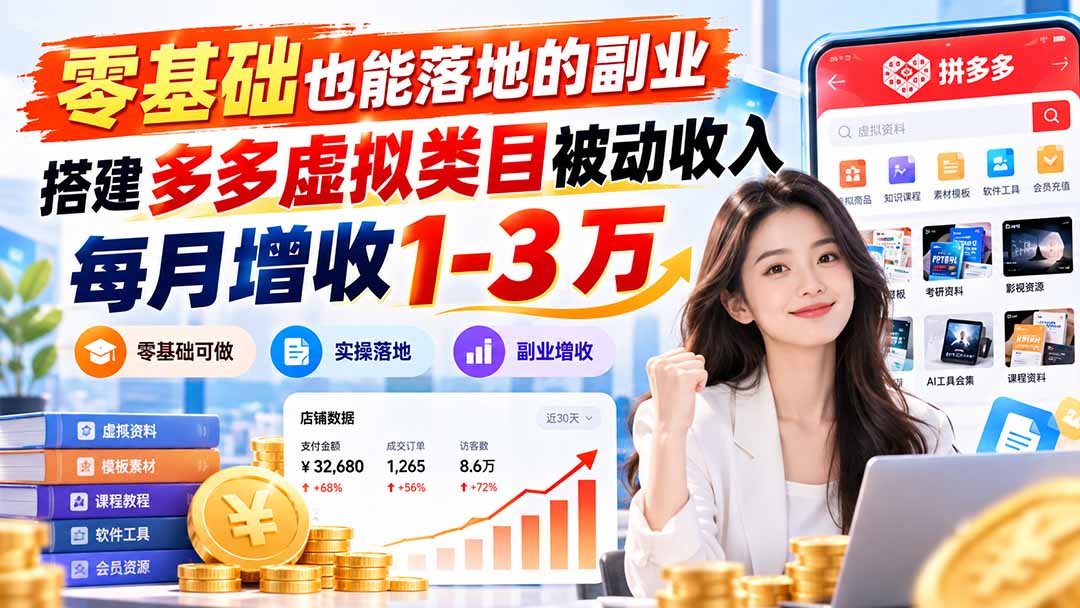 零基础也能落地的副业，搭建多多虚拟类目被动收入，每月增收 1-3 万-海之城短剧项目