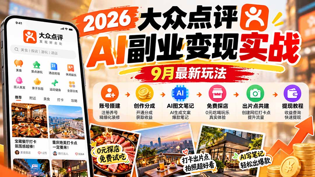 2026大众点评AI副业变现实战9月最新玩法：账号搭建+创作分成+AI图文笔记+免费探店+出片点共建与提现教程-海之城短剧项目