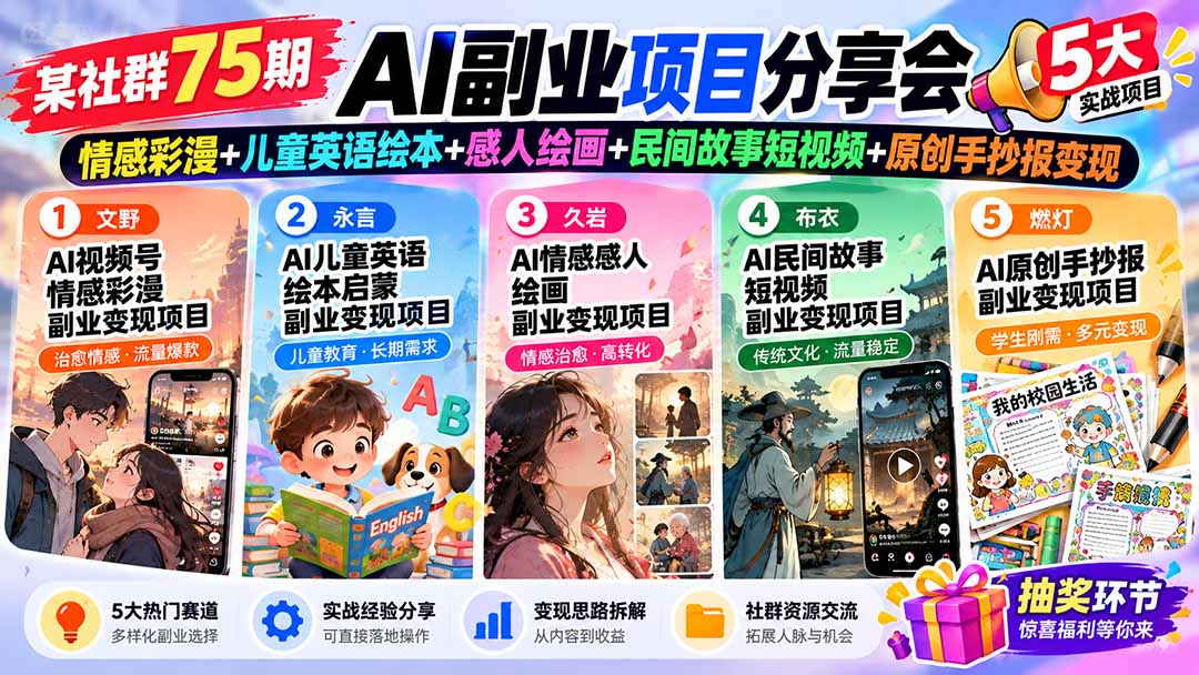 某社群75期AI副业项目分享会：情感彩漫+儿童英语绘本+感人绘画+民间故事短视频+原创手抄报变现-海之城短剧项目