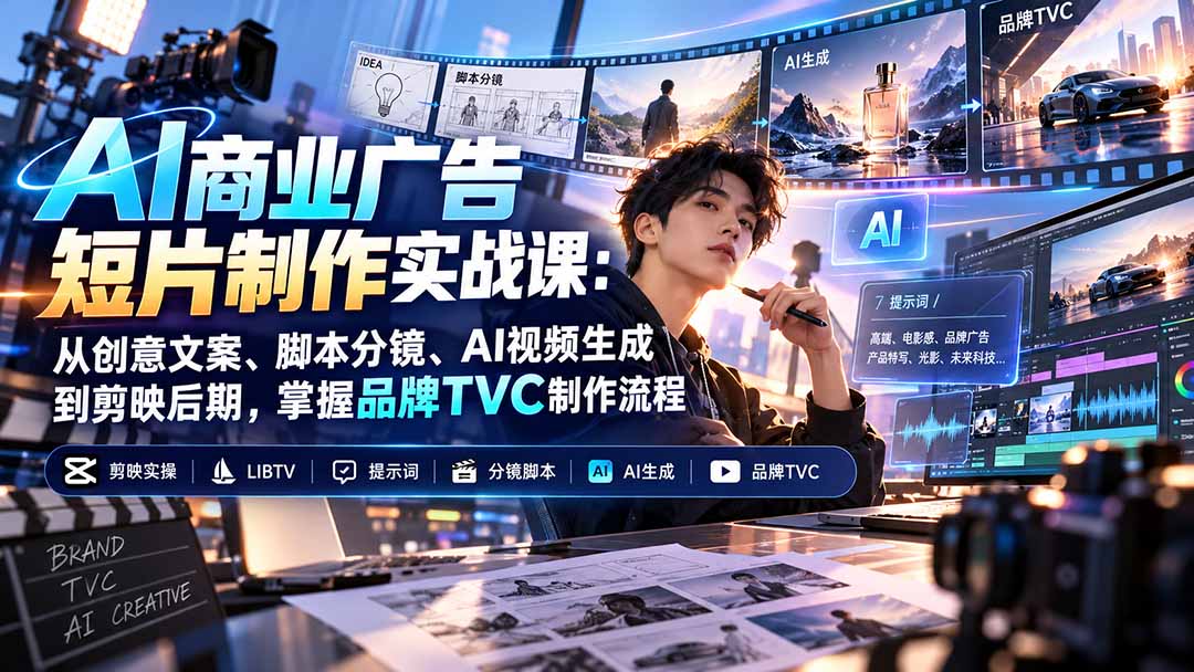 AI商业广告短片制作实战课：从创意文案、脚本分镜、AI视频生成到剪映后期，掌握品牌TVC制作流程-海之城短剧项目
