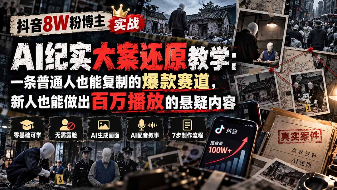抖音8W粉博主AI纪实大案还原教学：一条普通人也能复制的爆款赛道，新人也能做出百万播放的悬疑内容-海之城短剧项目