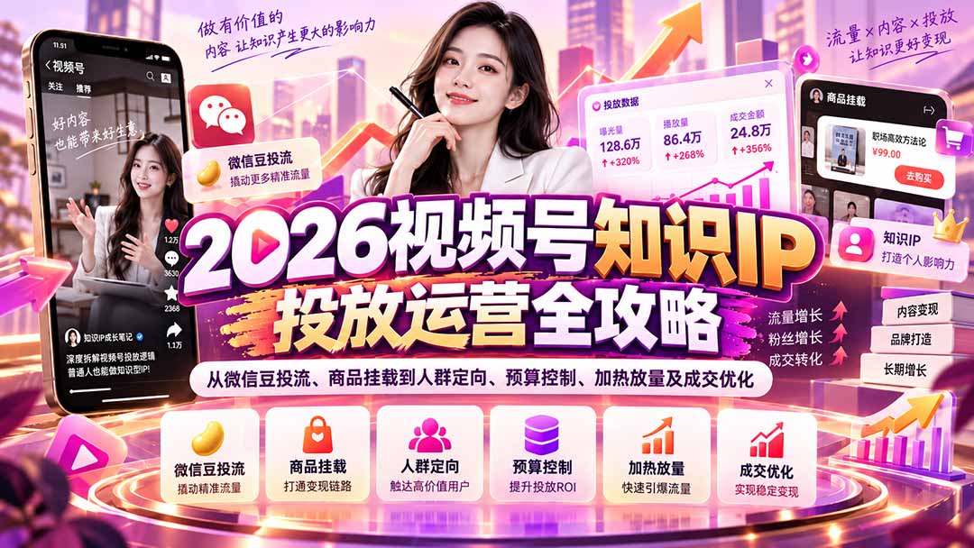 2026视频号知识IP投放运营全攻略：从微信豆投流、商品挂载到人群定向、预算控制、加热放量及成交优化-海之城短剧项目