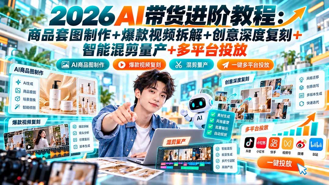 2026AI带货进阶教程：商品套图制作+爆款视频拆解+创意深度复刻+智能混剪量产+多平台投放-海之城短剧项目