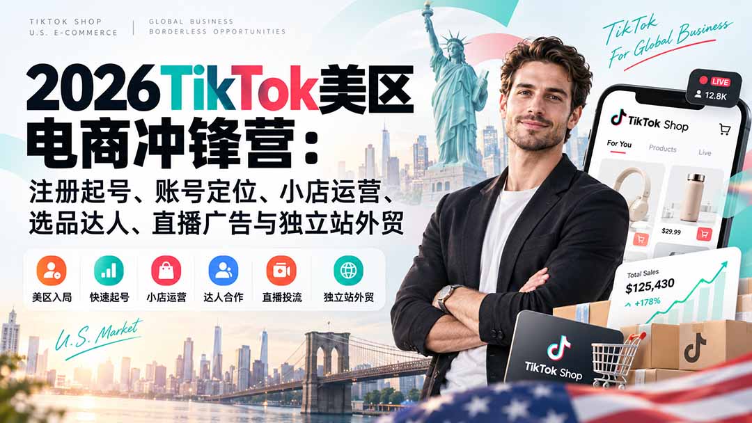 2026TikTok美区电商冲锋营：注册起号、账号定位、小店运营、选品达人、直播广告与独立站外贸-海之城短剧项目