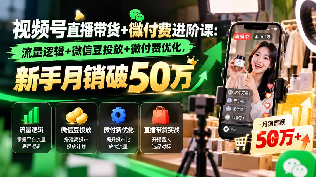 视频号直播带货+微付费进阶课-更新1010：流量逻辑+微信豆投放+微付费优化，新手月销破50万-海之城短剧项目