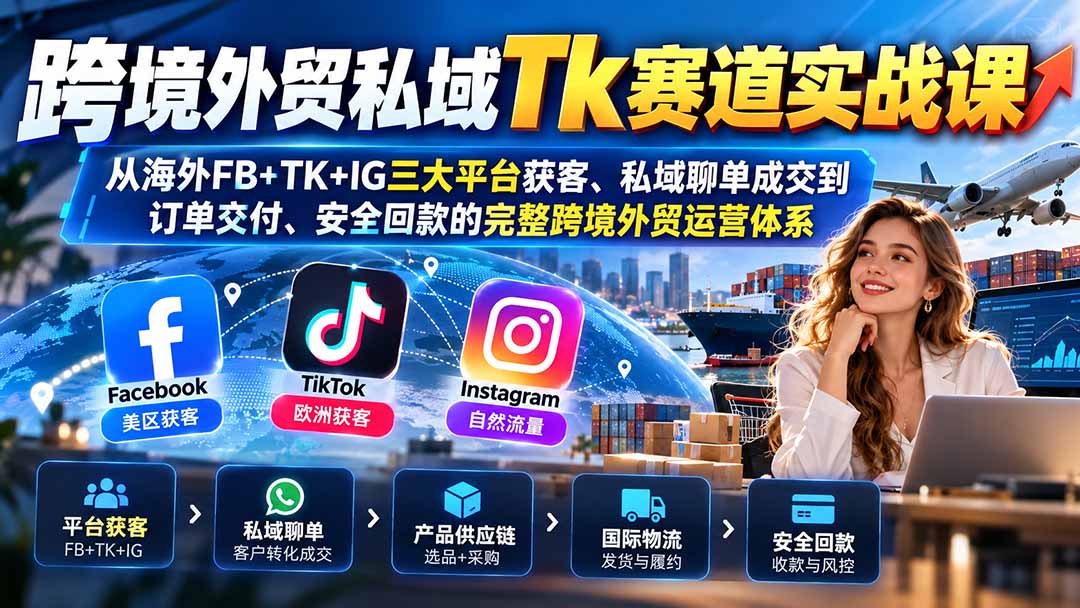 跨境外贸私域Tk赛道实战课：从海外FB+TK+IG三大平台获客、私域聊单成交到订单交付、安全回款的完整跨境外贸运营体系-海之城短剧项目